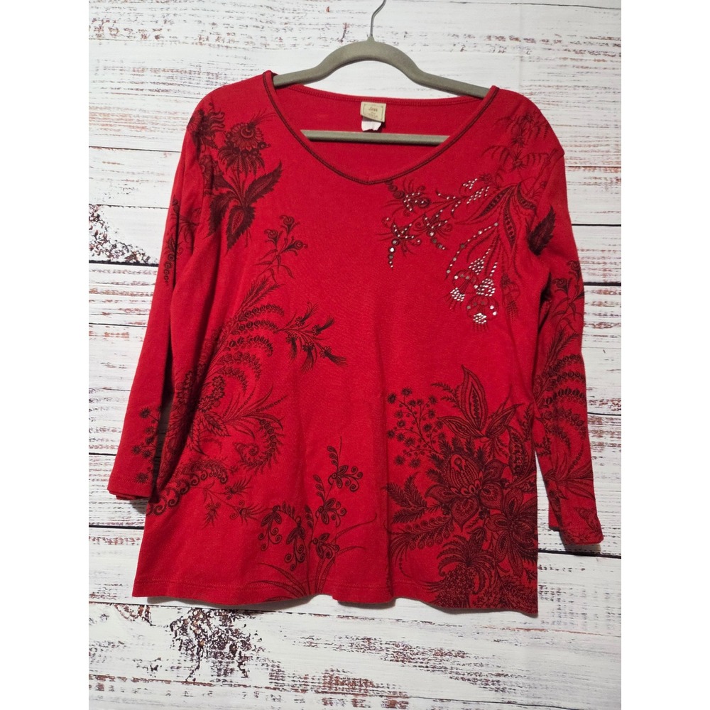 Jess & Jane USA Red Floral Graphic V-Neck Top Rhinestone Accents Womens L